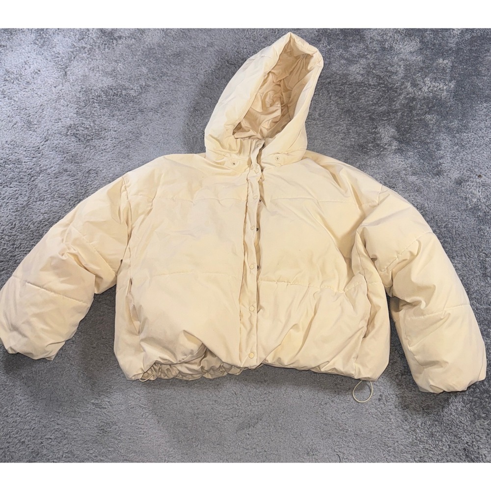 Zara Womens Hooded Puffer Jacket Size L Cream Oversized Quilted Coat